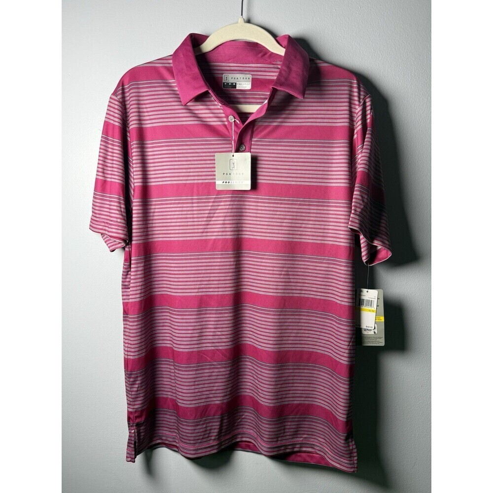 PGA TOUR Pro Series Energy Stripe Pink Gray GOLF Polo Shirt NEW Mens Size Med